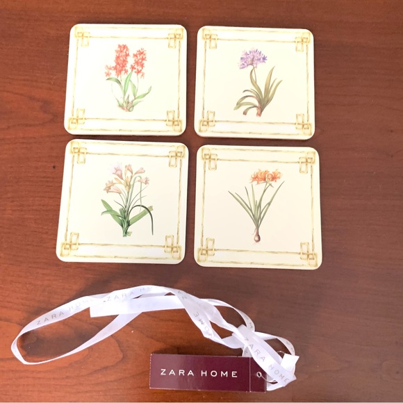 Zara Home set of 8 glossy coasters with flowers pattern cork back - Picture 2 of 5